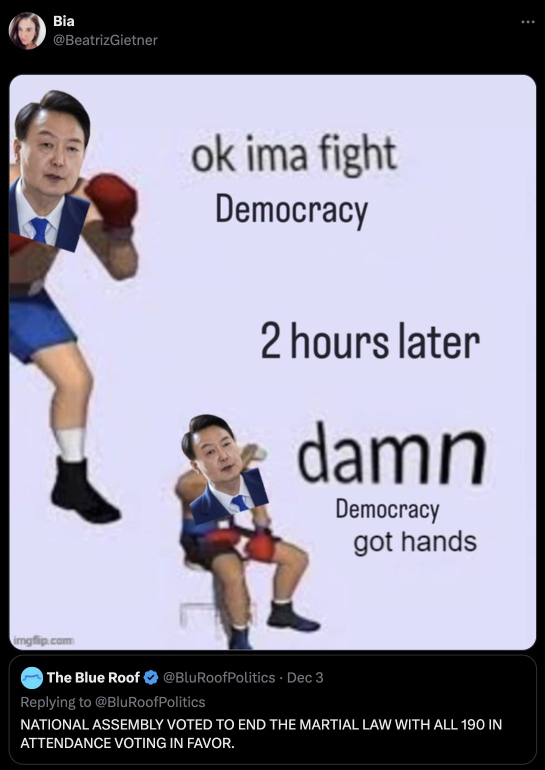 damn math got hands meme - Bia ok ima fight Democracy 2 hours later damn Democracy got hands imgflip.com The Blue Roof Dec 3 National Assembly Voted To End The Martial Law With All 190 In Attendance Voting In Favor.